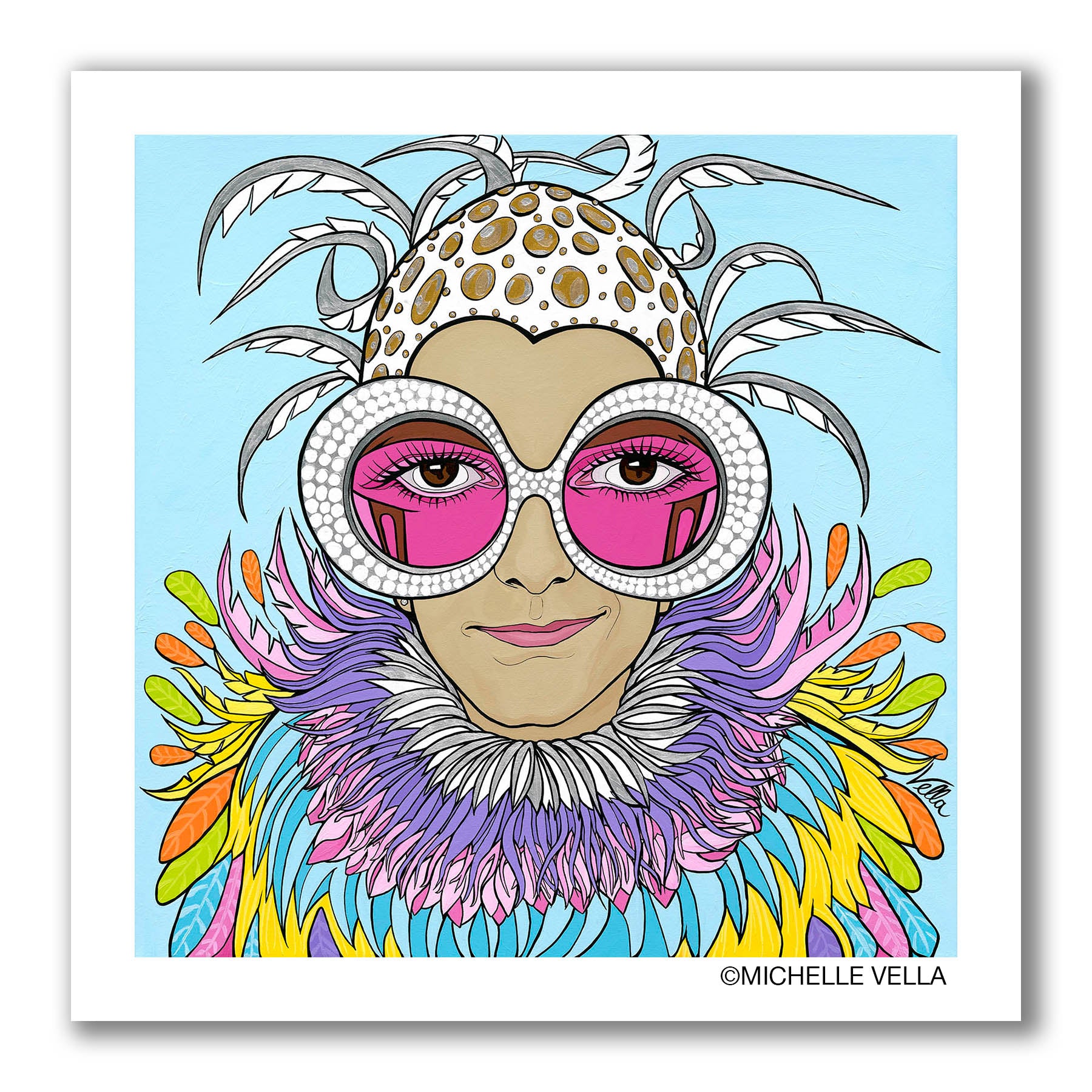portrait pop art painting of Elton John dressed in a colourful feathered outfit, wearing sequins round sunglasses with a hot pink tint and a white cap with gold medallions garnished with white and silver feathers