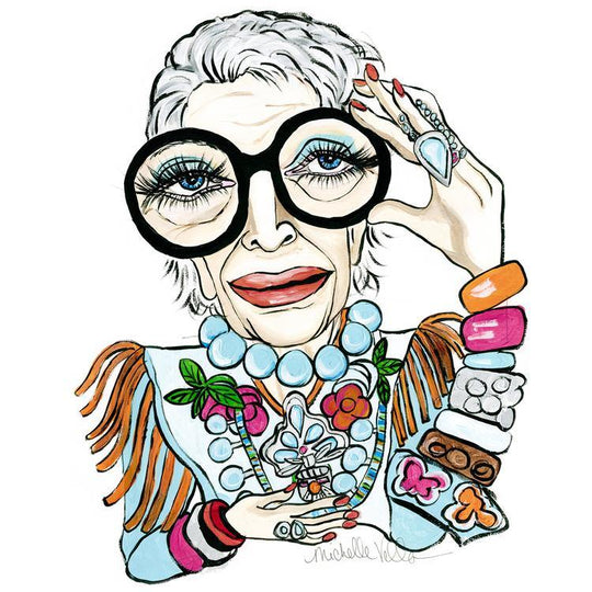 A fashion illustrated, pop art portrait painting of fashionista Iris Apfel with blue big eyes, long eye lashes with one hand holding the side of her big round black rimmed eye glasses, wearing colorful big jewelry