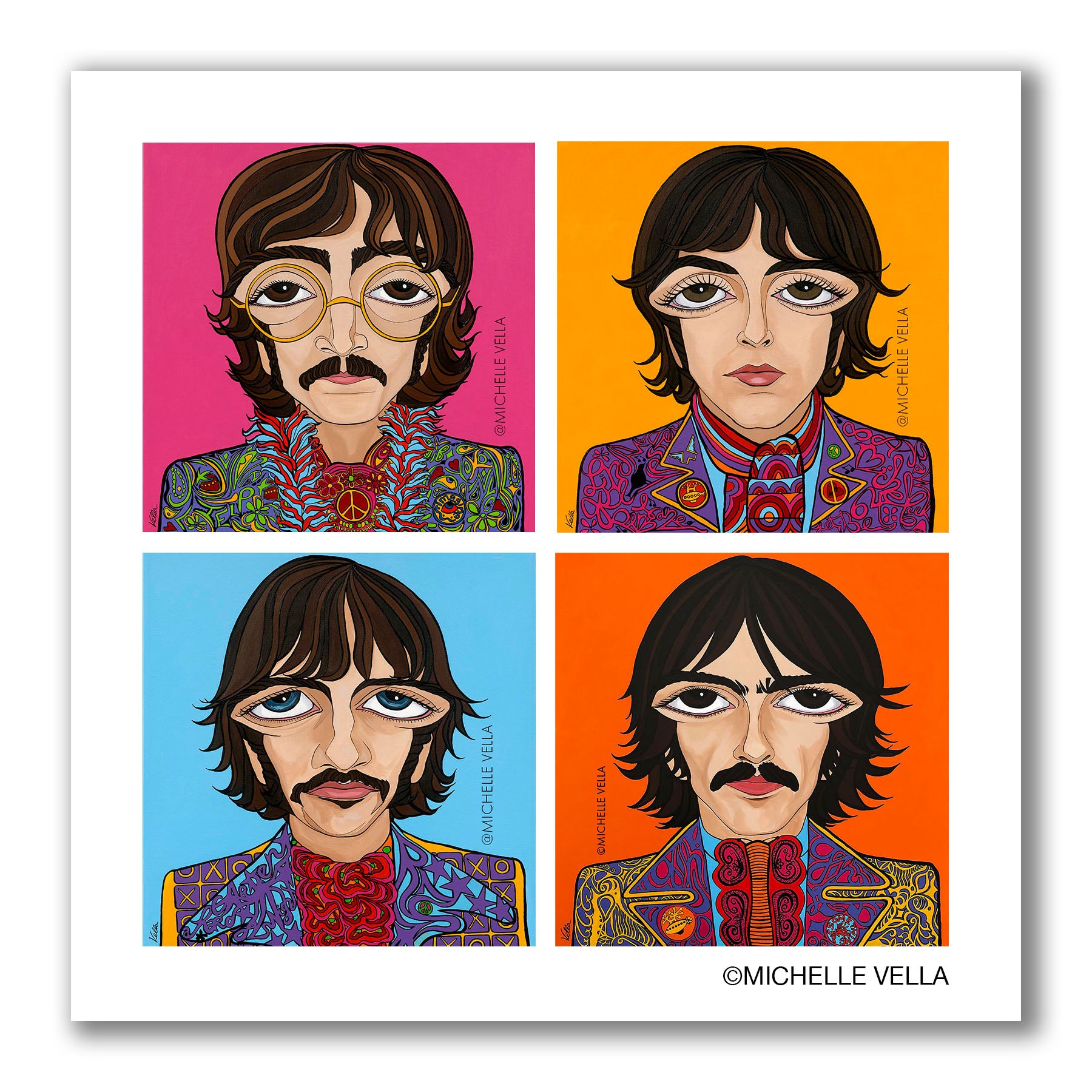 Pop art portrait painting of The Beatles, Sgt Peppers Lonely Hearts Club Band, 4 individual colorful portrait squares of each Beatle, John Lennon, Paul McCartney, George Harrison and Ringo Starr, with colorful clothing and different color backgrounds