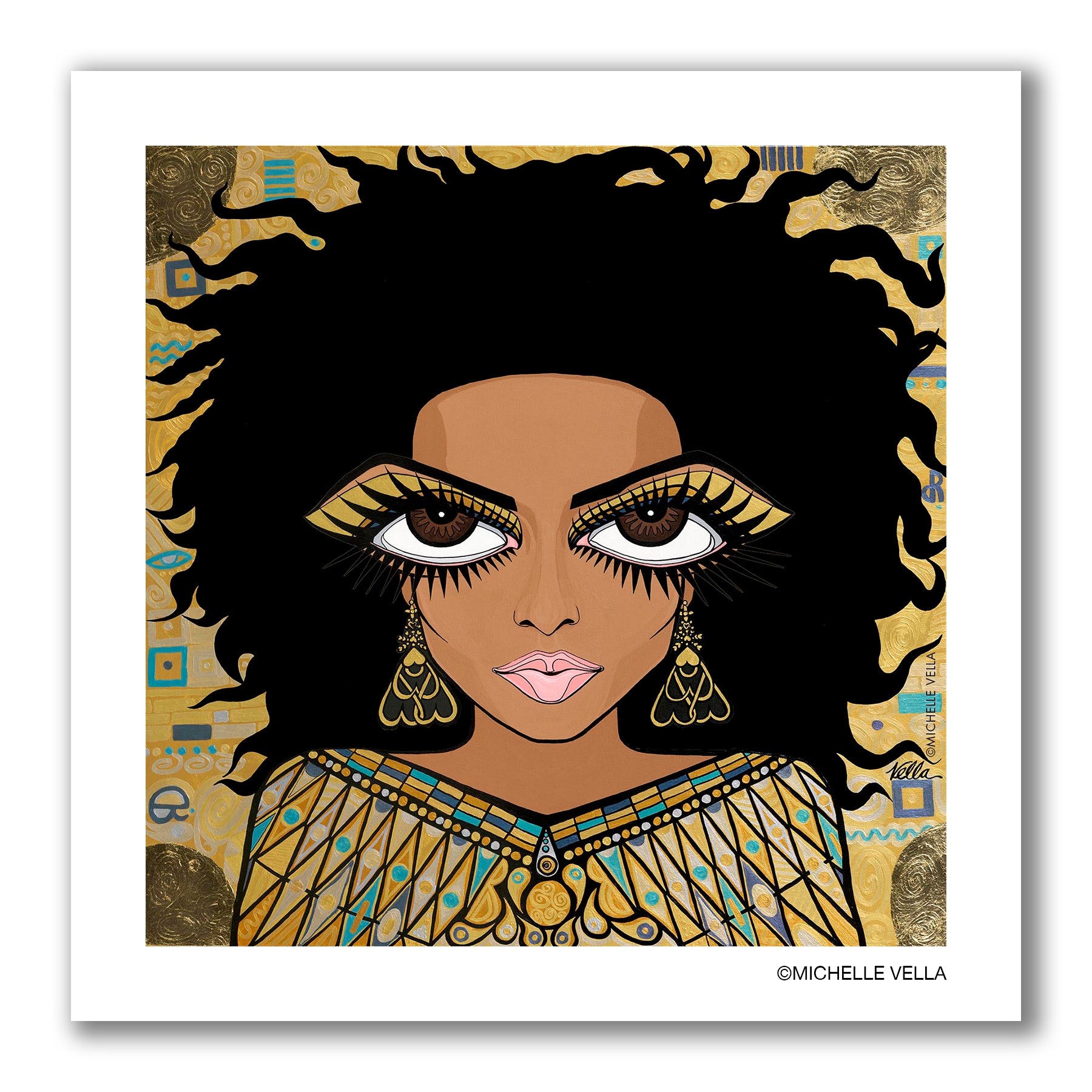 Pop art portrait painting of a woman in gold, with a likeness to Diana Ross with brown big eyes and long black lashes and gold eyeshadow, wavy medusa like black hair, wearing long drop gold earrings and a Egyptian pattern gold top on a klimpt influenced patterned background in gold.