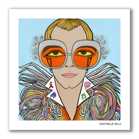 Pop art portrait of singer Elton John as Rocketman, with big eyes wearing large silver sequenced orange lens sunglasses with feathers fluttering about. His short golden yellow hair on this young Elton is dressed in an elaborate and colorful feathered outfit on a light blue background