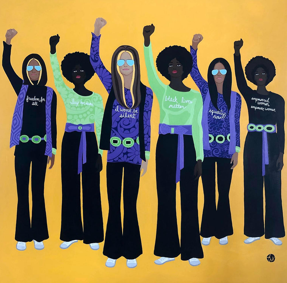 Give a Damn! a portrait painting of activists and feminists Gloria Steinem and Dorothy Pitman Hughes, 6 women standing with their right fists clenched as a symbol for women's equal rights