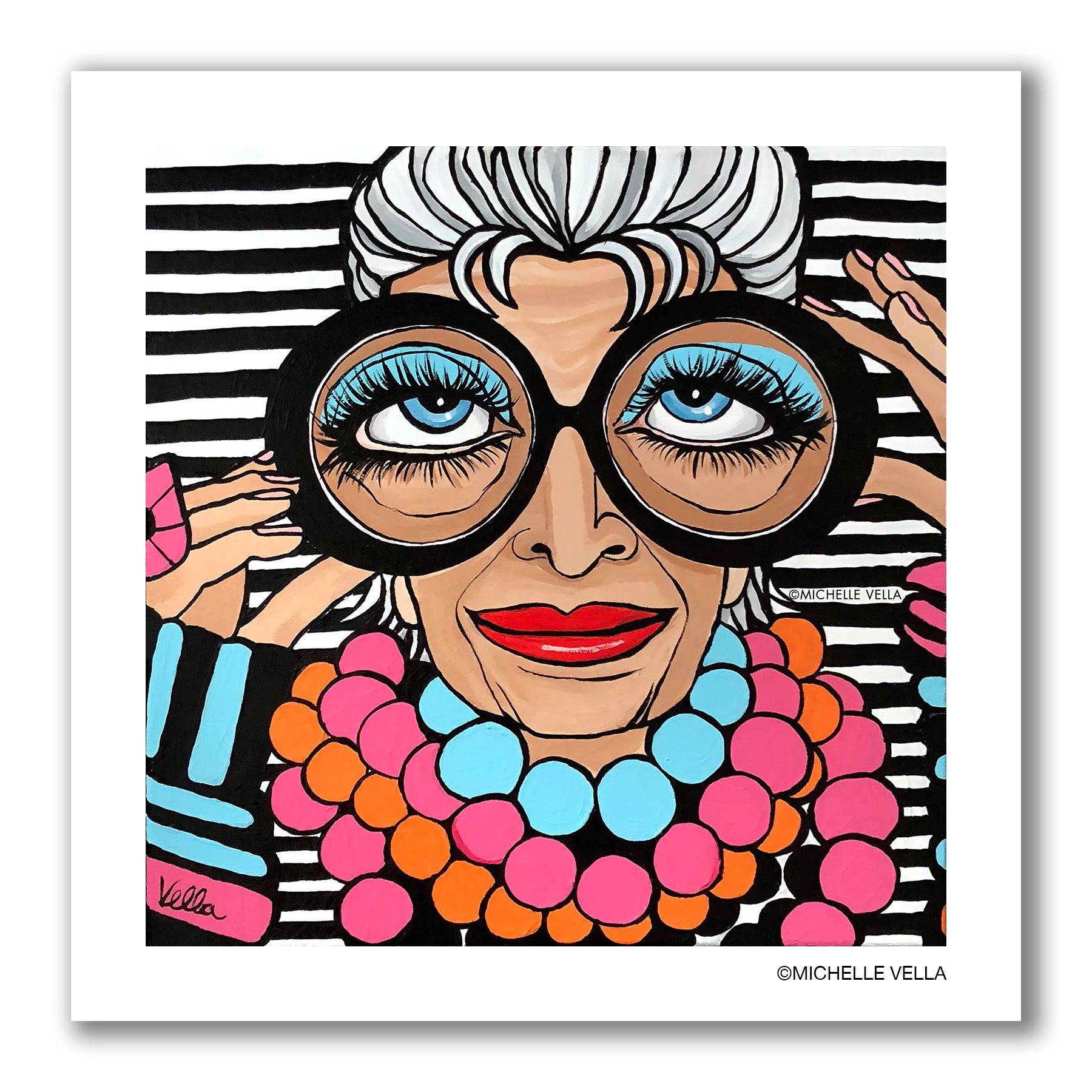 pop art portrait painting of fashionista Iris Apfel with blue big eyes, long eye lashes with one hand holding the side of her big round black rimmed eye glasses, wearing colorful big jewelry on a black and white horizontal striped background