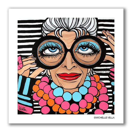 pop art portrait painting of fashionista Iris Apfel with blue big eyes, long eye lashes with one hand holding the side of her big round black rimmed eye glasses, wearing colorful big jewelry on a black and white horizontal striped background