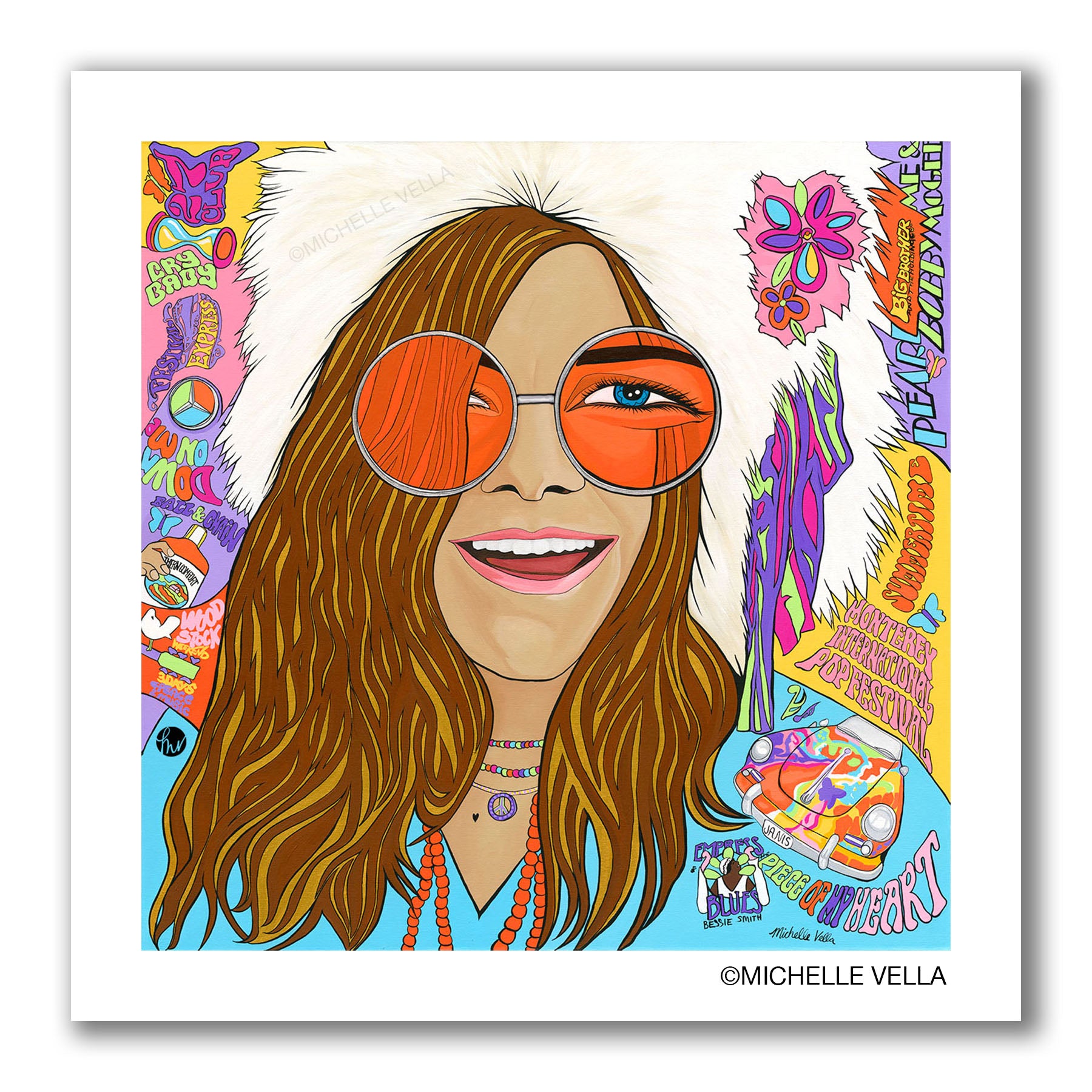 Colorful Pop art portrait painting of 60s 70s psychedelic blues and rock and roll singer Janis Joplin wearing a white faux fur hat, big blue eyes in big round orange tinted sunglasses and colorful bead necklaces plus written words of her popular songs in the background