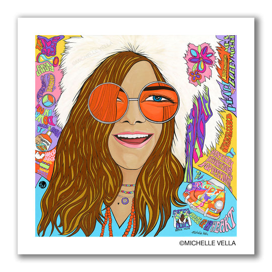 Colorful Pop art portrait painting of 60s 70s psychedelic blues and rock and roll singer Janis Joplin wearing a white faux fur hat, big blue eyes in big round orange tinted sunglasses and colorful bead necklaces plus written words of her popular songs in the background