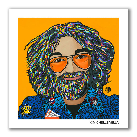 Pop art portrait painting of psychedelic singer Jerry Garcia of the Grateful Dead, painted with big eyes wearing orange lens aviator sunglasses and multi-coloured hair and beard on an orange-yellow background