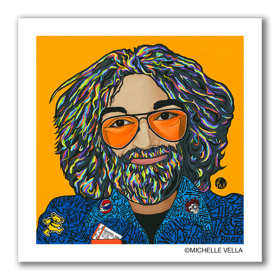 Pop art portrait painting of psychedelic singer Jerry Garcia of the Grateful Dead, painted with big eyes wearing orange lens aviator sunglasses and multi-coloured hair and beard on an orange-yellow background