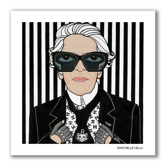 Pop art portrait painting of fashion designer Karl Lagerfeld with big eyes in black sunglasses, wearing a black tuxedo with Chanel logo and black tie with his cat broach on a black and white striped background