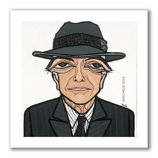 Pop art portrait painting of Leonard Cohen with big eyes, wearing a fedora hat with song titles written on the hat, painted in grey, black and white