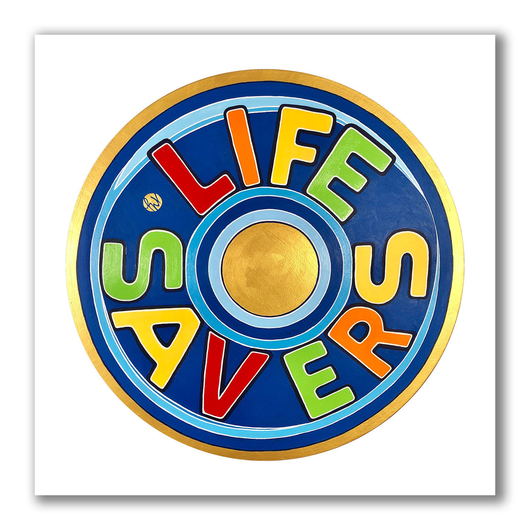 Pop art colorful painting and print of an oversized round Lifesavers candy. Each letter is a different color on a blue background and metallic gold border.