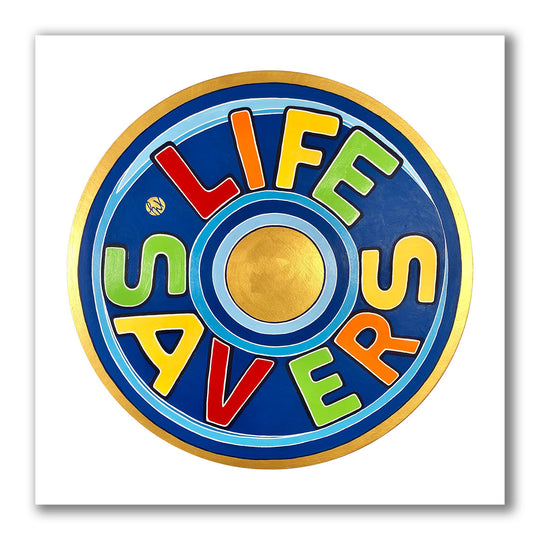 Pop art colorful painting and print of an oversized round Lifesavers candy. Each letter is a different color on a blue background and metallic gold border.