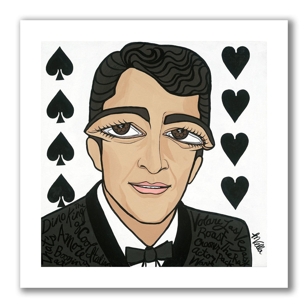 Pop art portrait painting of Las Vegas Rat Pack entertainer King of Cool, Dean Martin, with brown big eyes, wearing a black tuxedo on a white background with deck of cards symbols hearts and spades