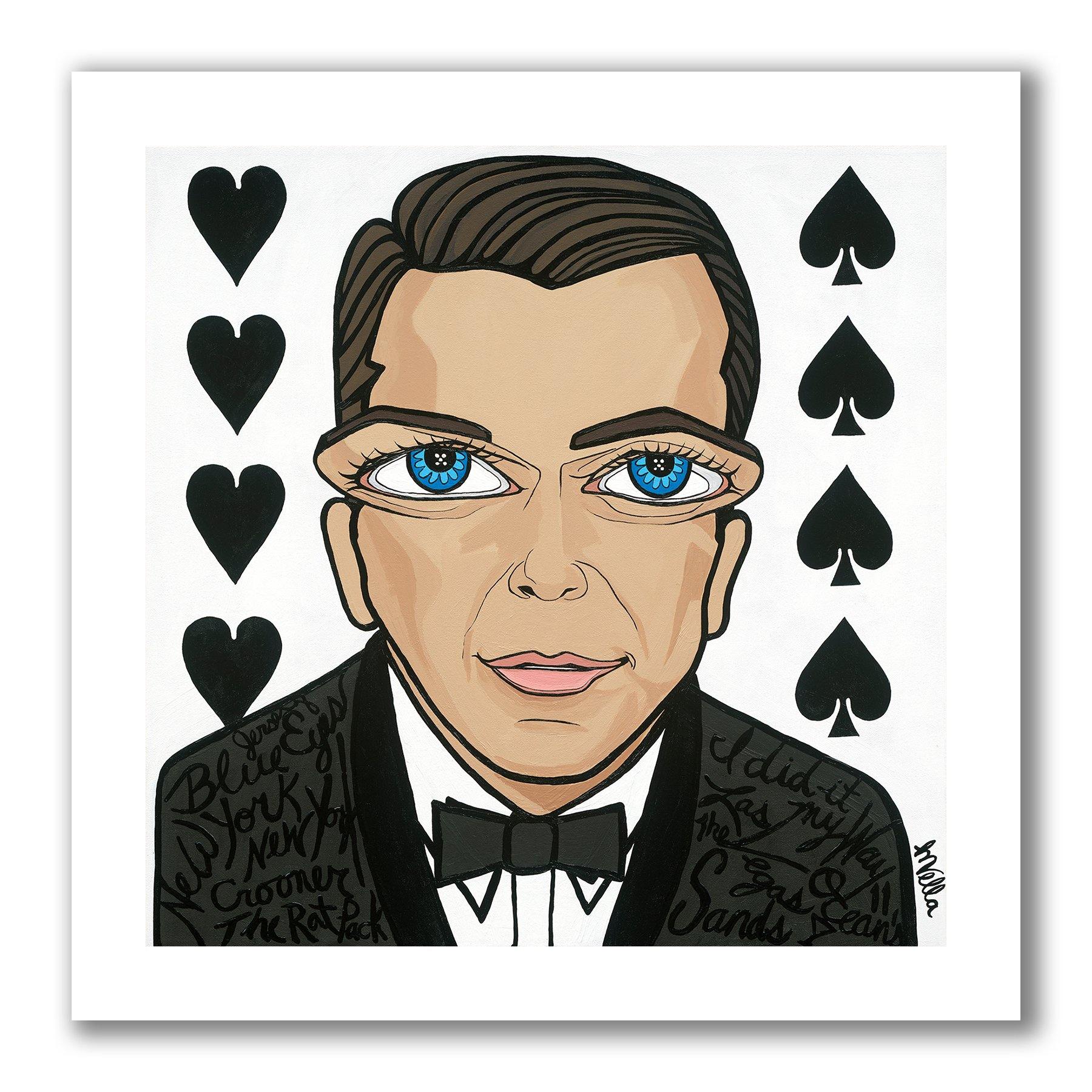 Pop art portrait painting of Las Vegas Rat Pack entertainer Frank Sinatra with blue big eyes, big blue eyes, wearing a black tuxedo on a white background with deck of cards symbols hearts and spades