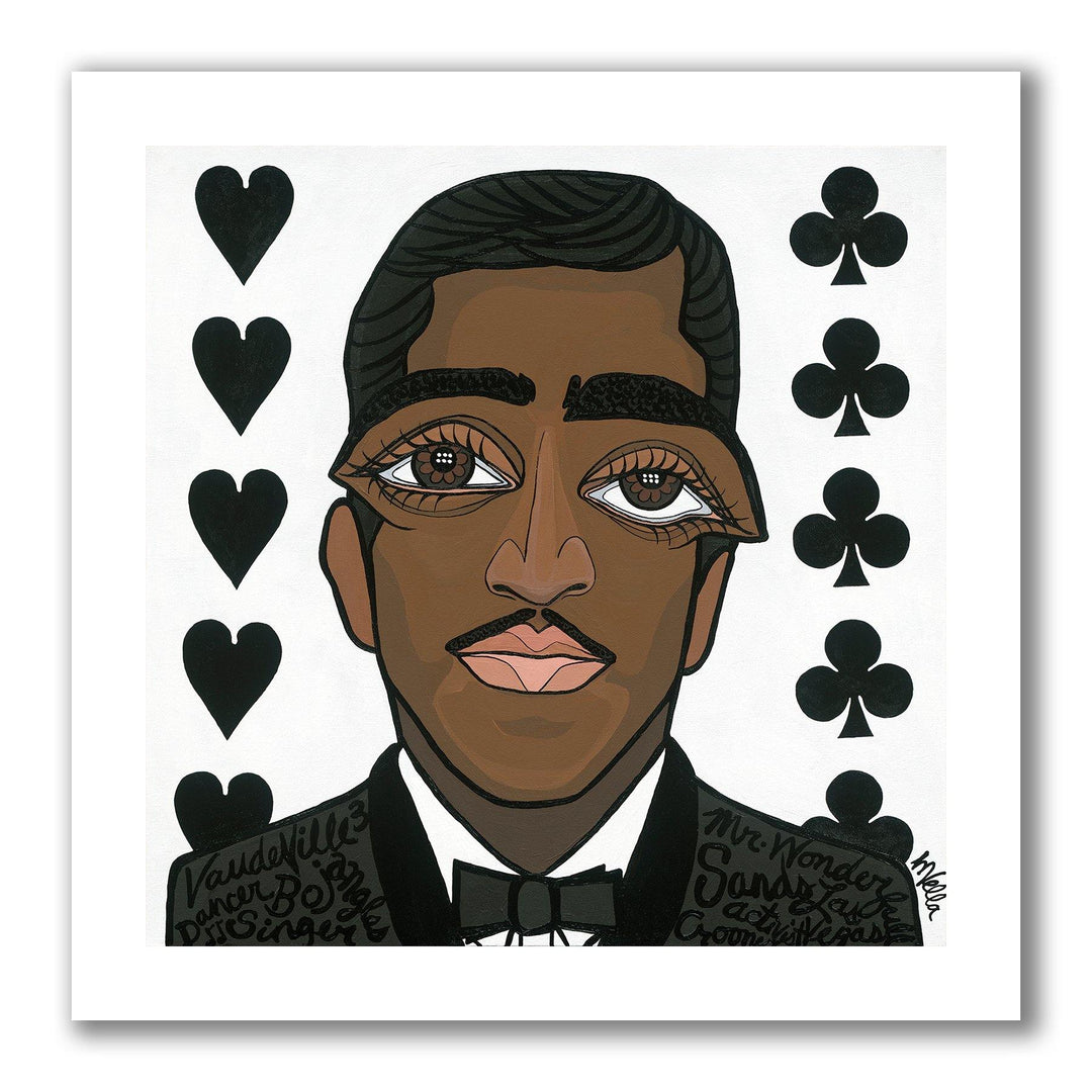 Pop art portrait painting of Las Vegas Rat Pack entertainer Sammy Davis Jr. with brown big eyes, a thin moustache, wearing a black tuxedo on a white background with deck of cards symbols hearts and clubs