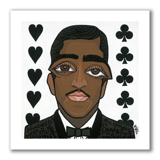 Pop art portrait painting of Las Vegas Rat Pack entertainer Sammy Davis Jr. with brown big eyes, a thin moustache, wearing a black tuxedo on a white background with deck of cards symbols hearts and clubs