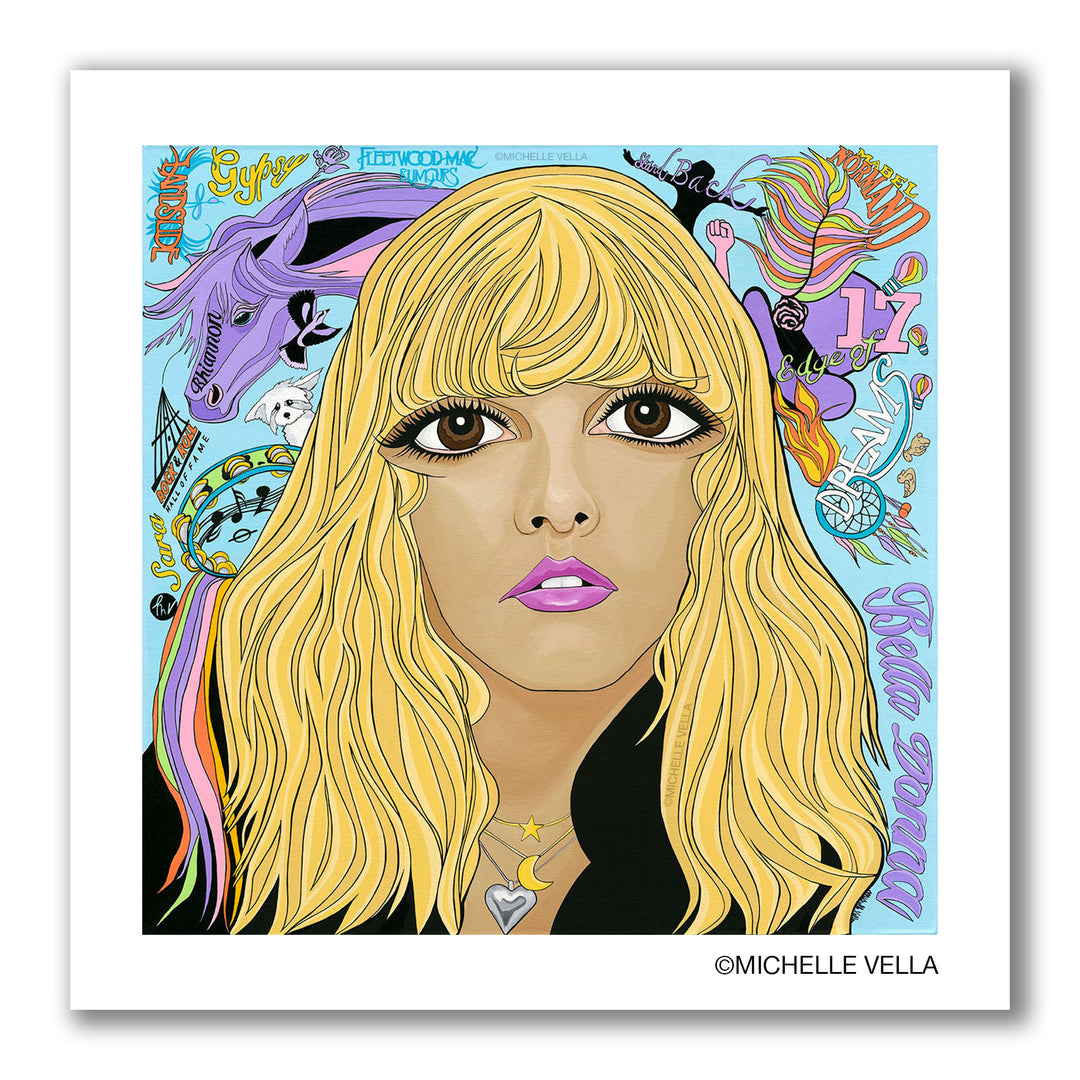 Pop art portrait painting of a young rock and roll singer Stevie Nicks of Fleetwood Mac with big eyes, in long blonde hair on a light blue background with story telling symbols painted in soft colors