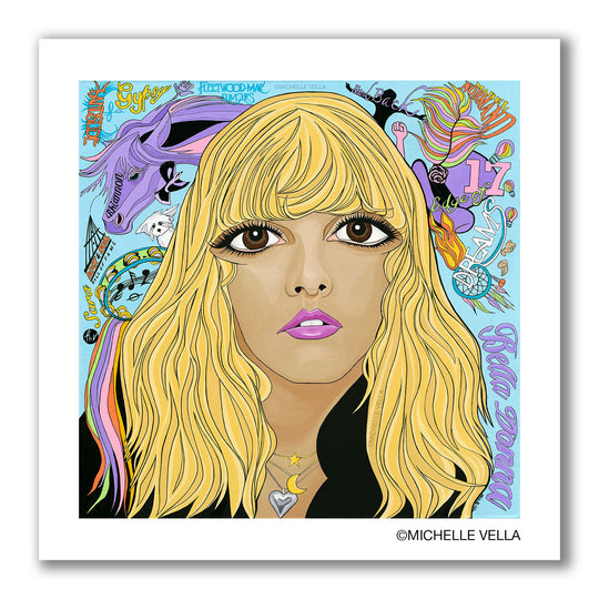 Pop art portrait painting of a young rock and roll singer Stevie Nicks of Fleetwood Mac with big eyes, in long blonde hair on a light blue background with story telling symbols painted in soft colors