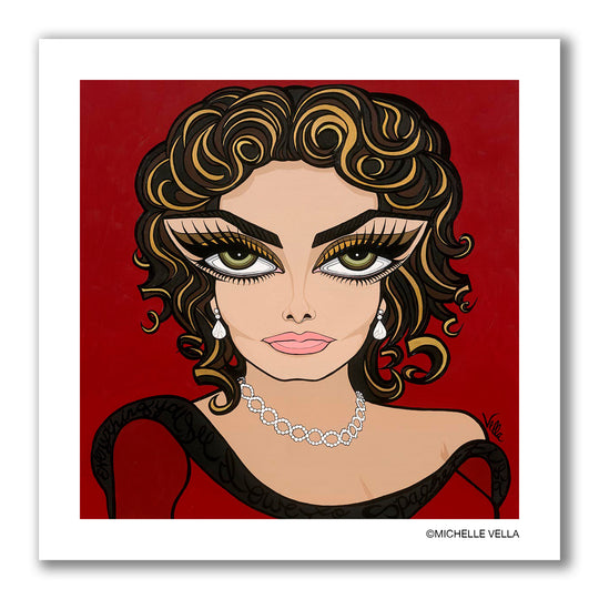 A pop art portrait painting of Italian actress Sophia Loren, and most famous classic Hollywood female star, portrayed with green cat eye big eyes and long black eye lashes and golden eye shadow, with golden brown wavy sexy hair, wearing pearl earrings and a diamond necklace and a red dress off one shoulder on a red background