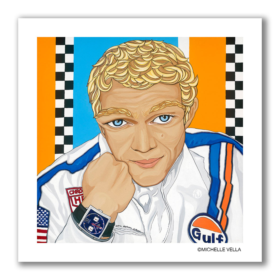 A pop art portrait painting of Lemans race car driver and actor Steve McQueen with blonde wavy hair, big blue eyes, resting his chin on his right hand wearing his Tag Heur watch and a white car racing jumper with blue and orange stripes and a Gulf logo and American flag.