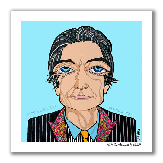 Pop art portrait painting of The Rolling Stones Charlie Watt’s with blue big eyes and silver grey hair, wearing a pin striped suit jacket, the lapels have story telling words describing Watt’s written with silver and gold metallic paint, all on a light blue background