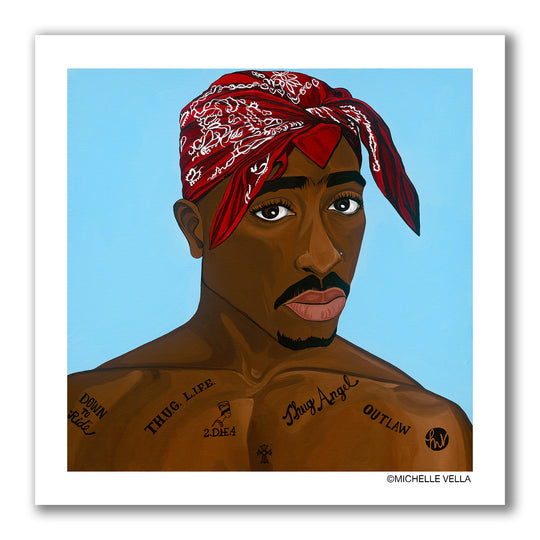 Pop art painted portrait of American Rapper Tupac Shakur with big brown eyes wearing a red and white bandana that covers his head tied in front is bare chested showing his tattoos Thug Life, Thug Angel, outlaw, down to ride and 2-die-4 all on a light blue background