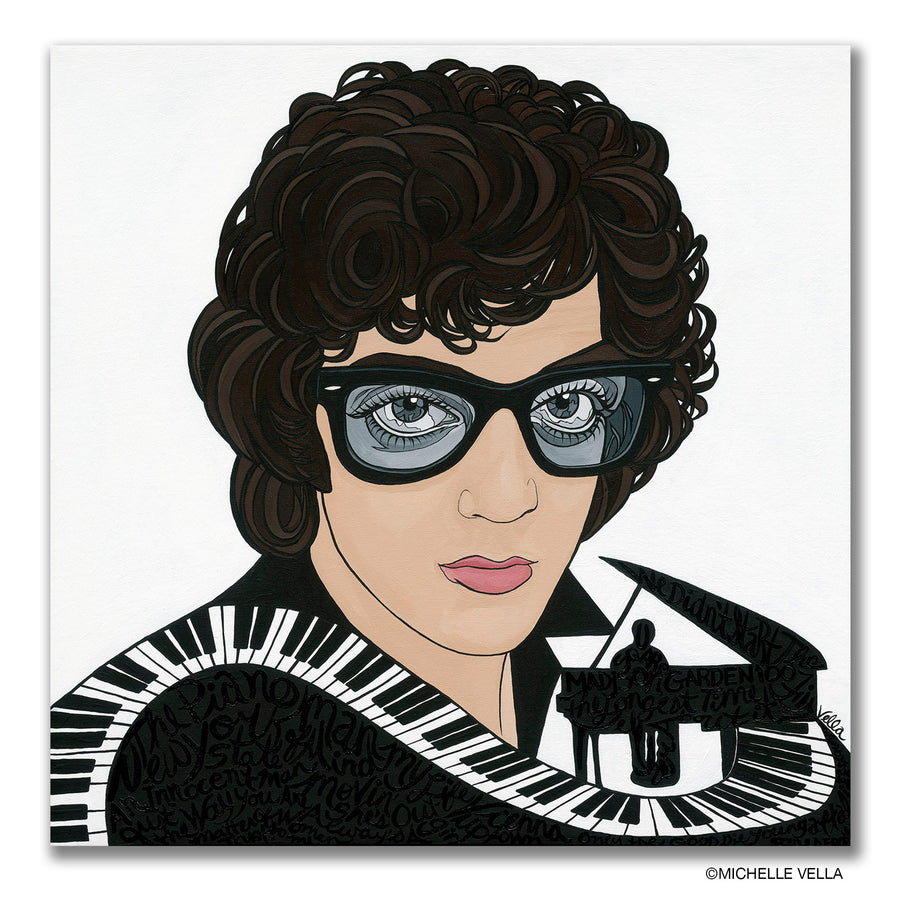 portrait painting of The Piano Man, Billy Joel by Michelle Vella with iconic big eyes, in black and white