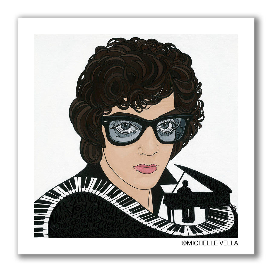 Edition print of portrait painting of The Piano Man, Billy Joel by Michelle Vella with iconic big eyes, in black and white