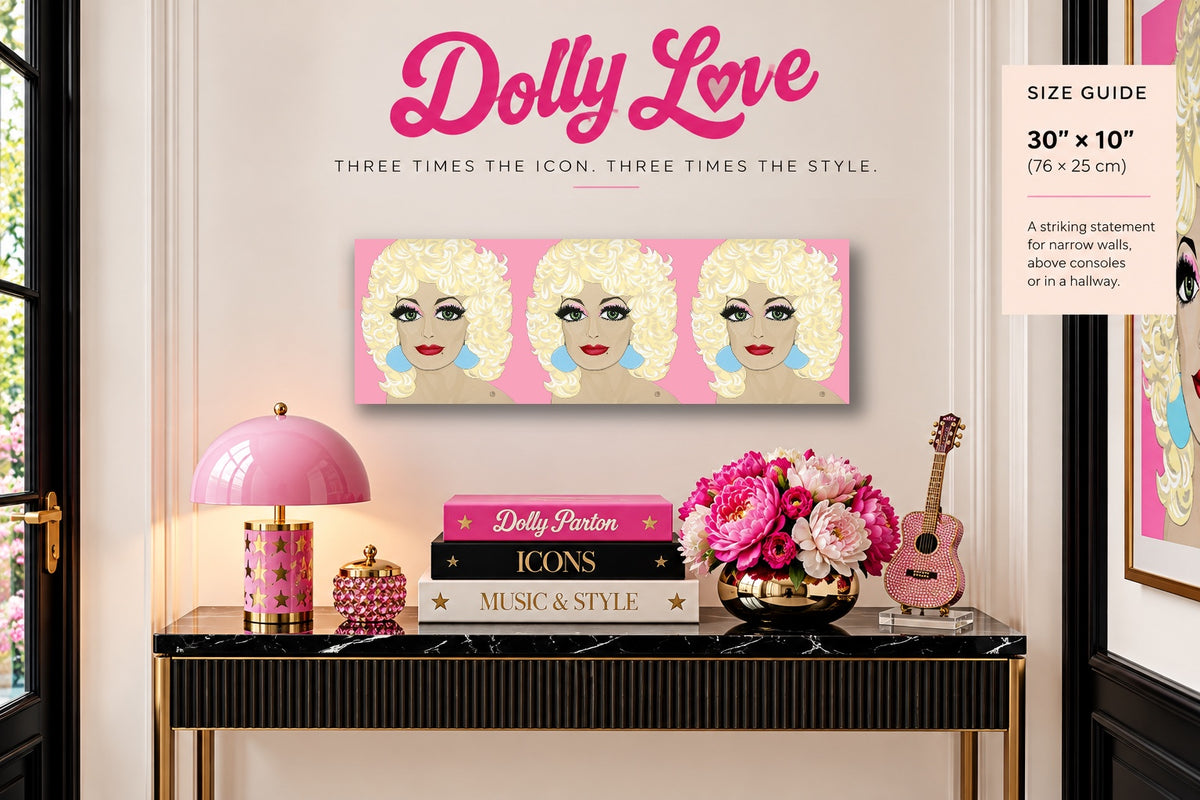 Triptych of Dolly Parton Portrait in a Dolly decorated room