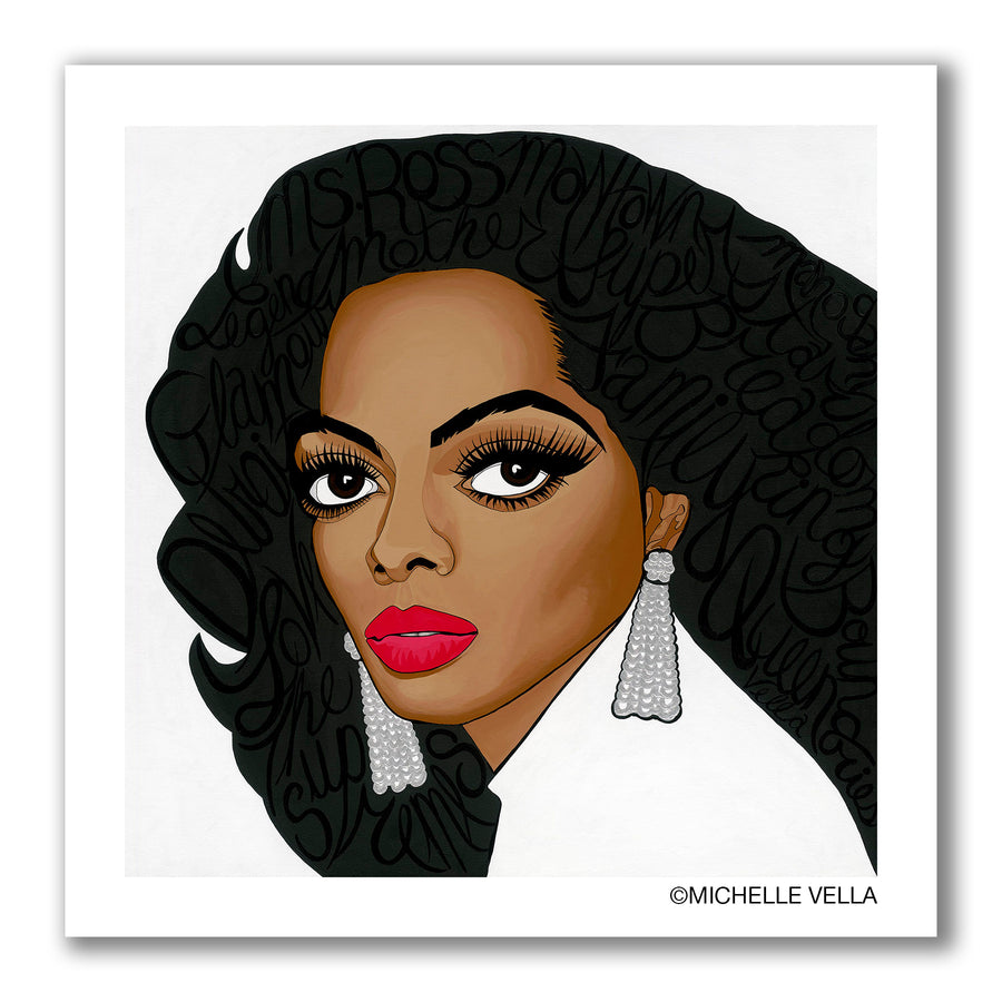 Limited Edition Print of the portrait painting of Ms Diana Ross by Michelle Vella with iconic big eyes, in black and white