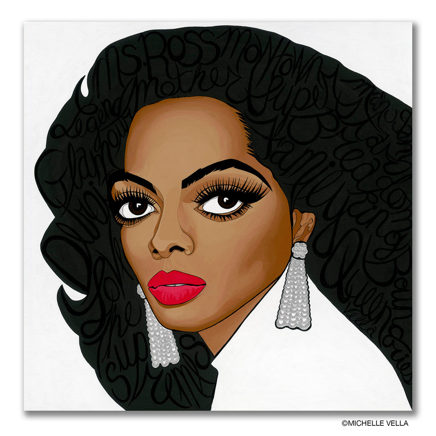 portrait painting of Ms Diana Ross by Michelle Vella with iconic big eyes, in black and white