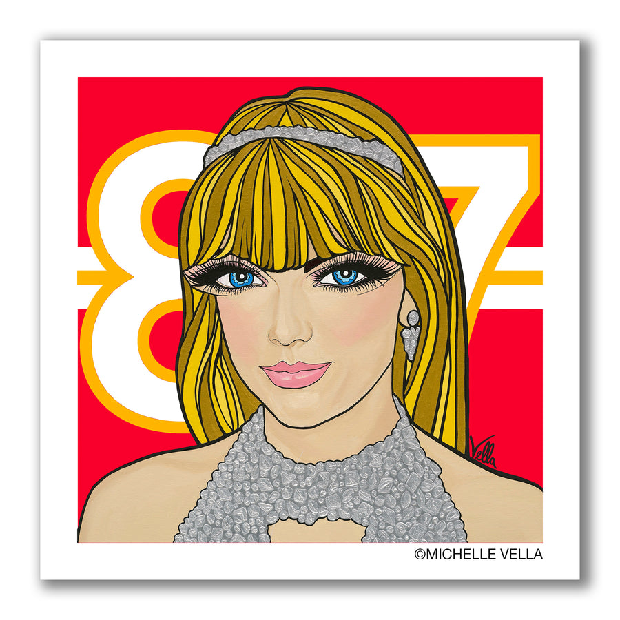Taylor Swift with Travis Kelce's #87 and Kansas City Chiefs colors red, yellow and white