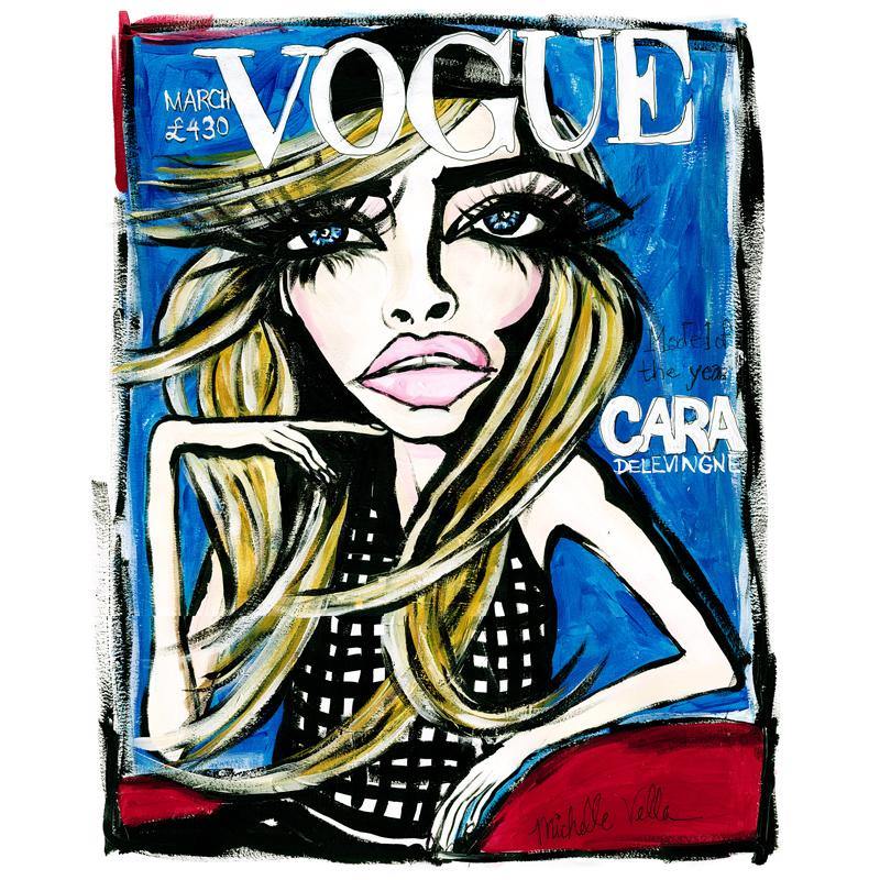 Pop art portrait painting fashion illustration Cara Delevigne on a VOGUE cover
