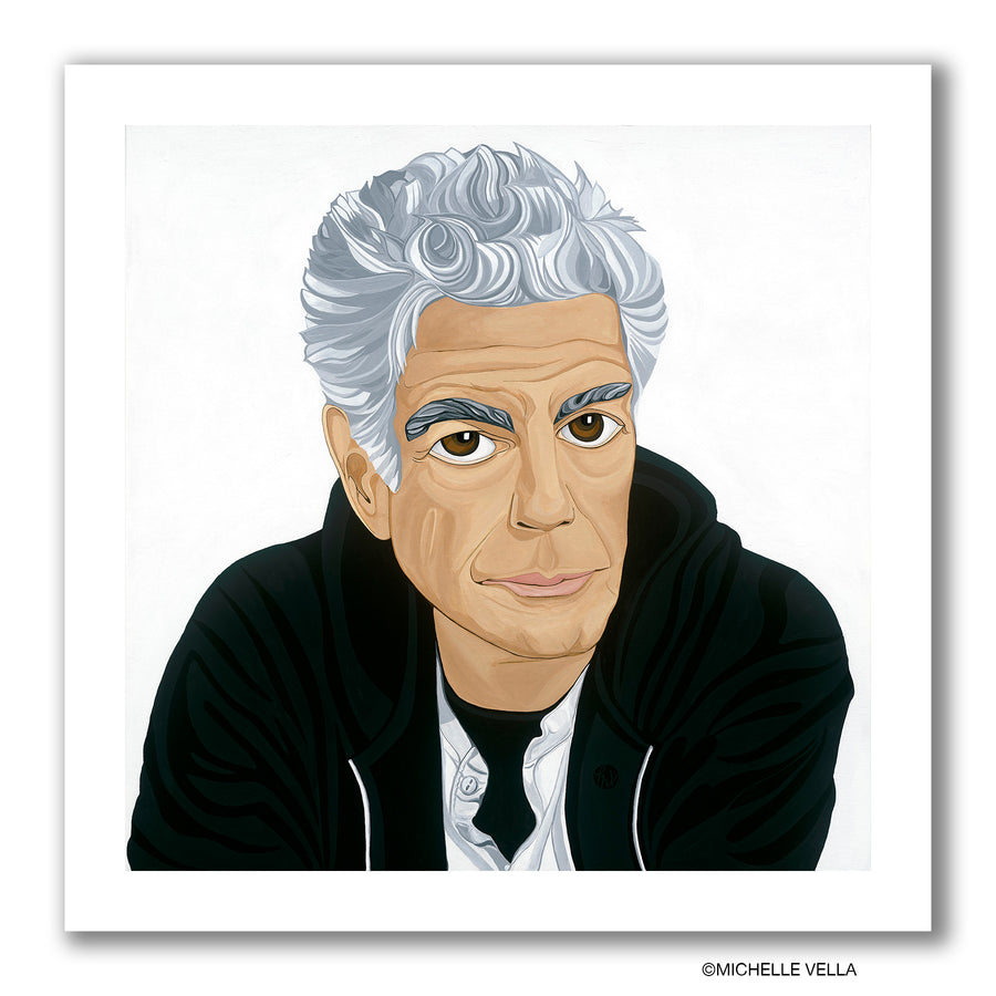 Pop art portrait painting of Anthony Bourdain with brown Big Eyes, silver hair, wearing a black hoodie and white shirt all on a white background