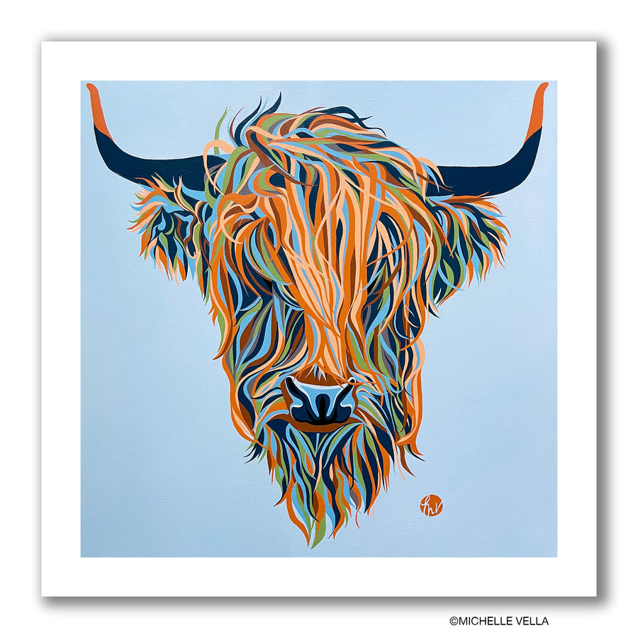 Colorful Highland cow portrait print painted in autumn colors on a light blue background