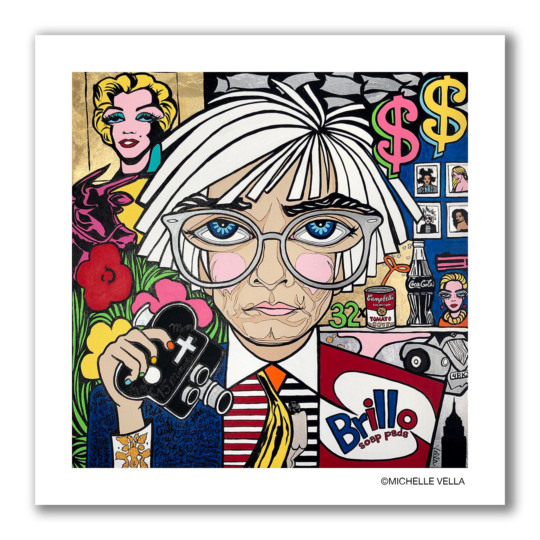 Pop art portrait painting of Andy Warhol with a white wig, blue big eyes wearing round silver rimmed eye glasses, holding a movie camera with coloured fingernails, a banana tie, Brillo box jacket, and story telling icons from his popular artworks 