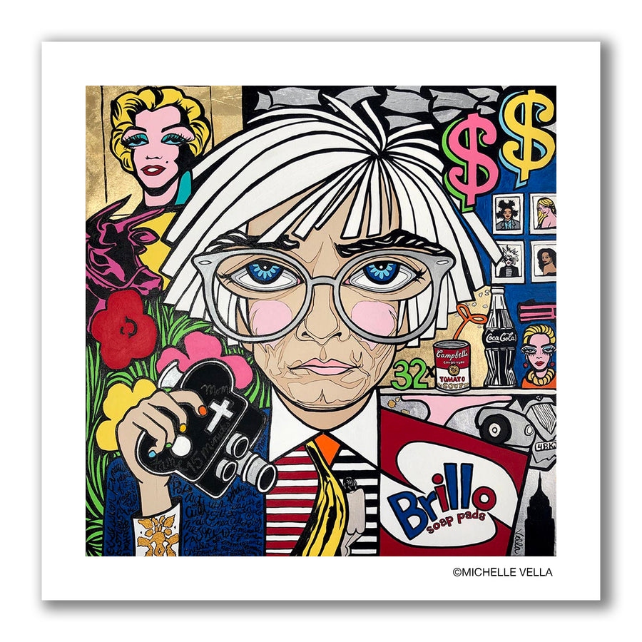 Pop art portrait painting of Andy Warhol with a white wig, blue big eyes wearing round silver rimmed eye glasses, holding a movie camera with coloured fingernails, a banana tie, Brillo box jacket, and story telling icons from his popular artworks 