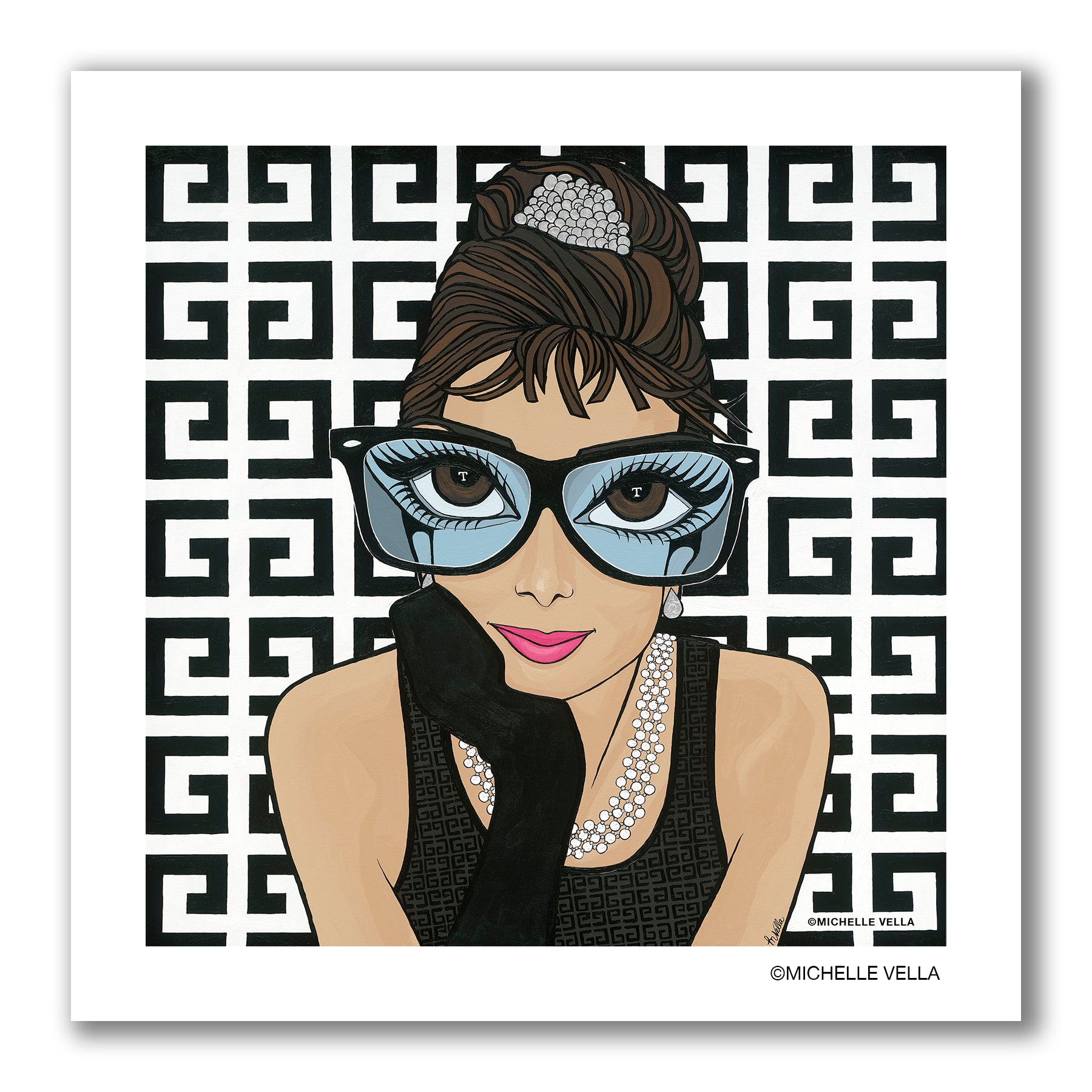 A pop art portrait painting of Audrey Hepburn a scene from the classic Hollywood movie Breakfast at Tiffany's, with big brown eyes and long eye lashes wearing black framed Ray Ban WayFarers with a blue lens, a tiara in her up do hair and a black sleeveless dress large pearl necklace and her chin resting on her right hand wearing long black gloves, with a Givenchy logo pattern Black and white