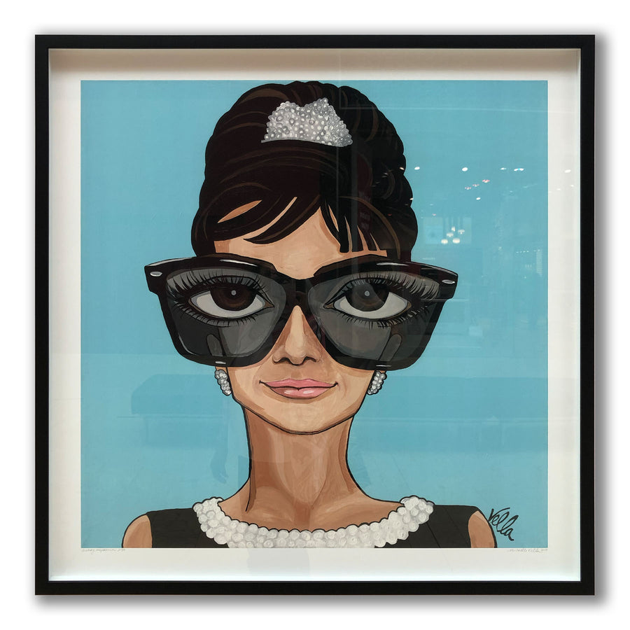 A pop art portrait painting of Audrey Hepburn a scene from the classic Hollywood movie Breakfast at Tiffany's, with big brown eyes and long eye lashes wearing black framed Ray-Ban WayFarers with a grey lens, a tiara in her up do hair and a black sleeveless dress large pearl necklace on a Tiffany blue background