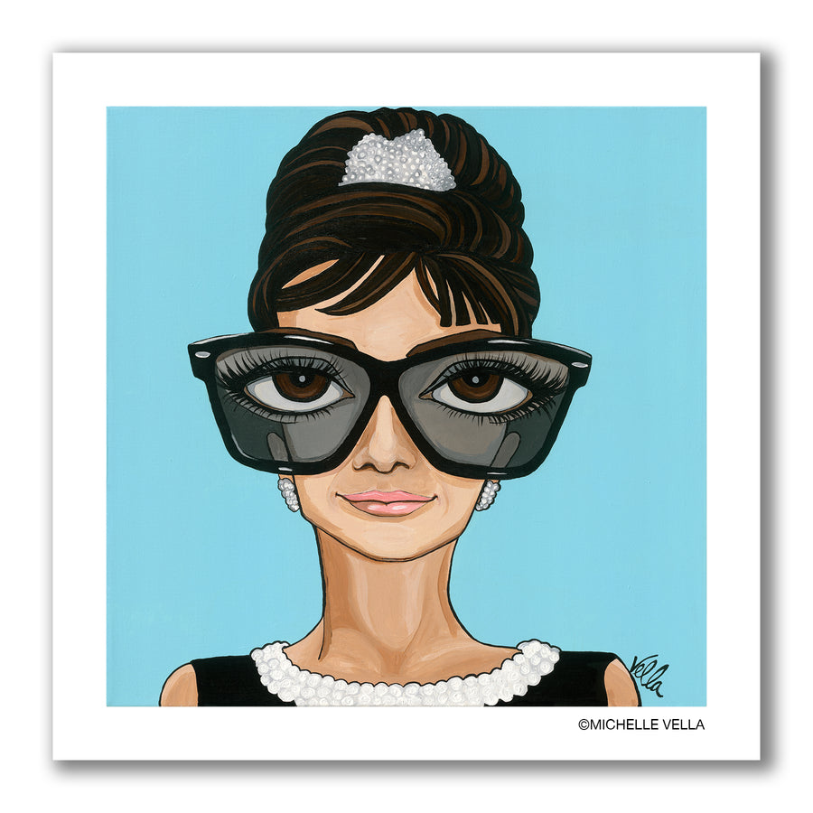 A pop art portrait painting of Audrey Hepburn a scene from the classic Hollywood movie Breakfast at Tiffany's, with big brown eyes and long eye lashes wearing black framed Ray-Ban WayFarers with a grey lens, a tiara in her up do hair and a black sleeveless dress large pearl necklace on a Tiffany blue background