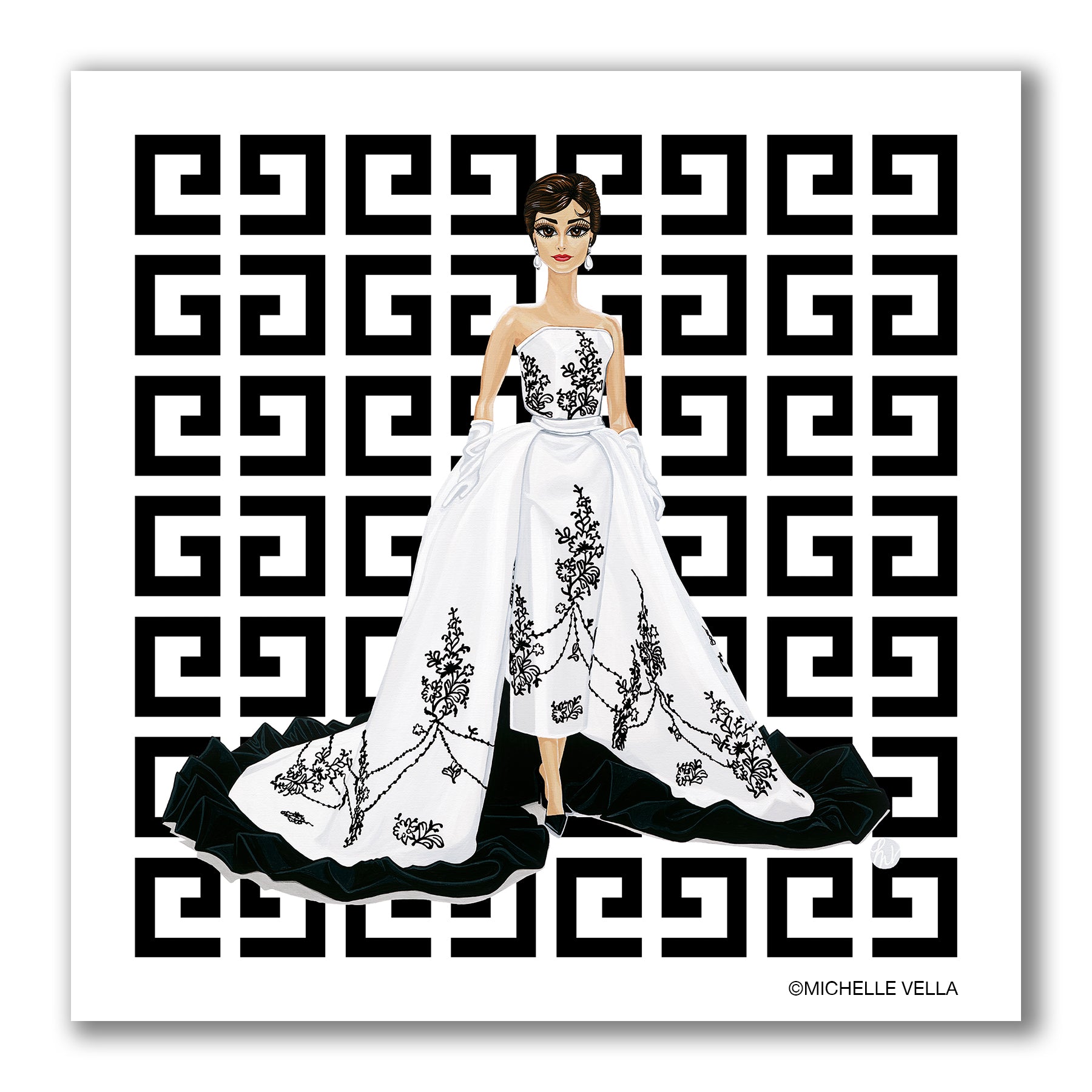 Pop art portrait painting of Audrey Hepburn as Sabrina from the movie Sabrina, wearing Givenchy haute couture B&W gown and the Givenchy logo pattern repeated in the background in black on white