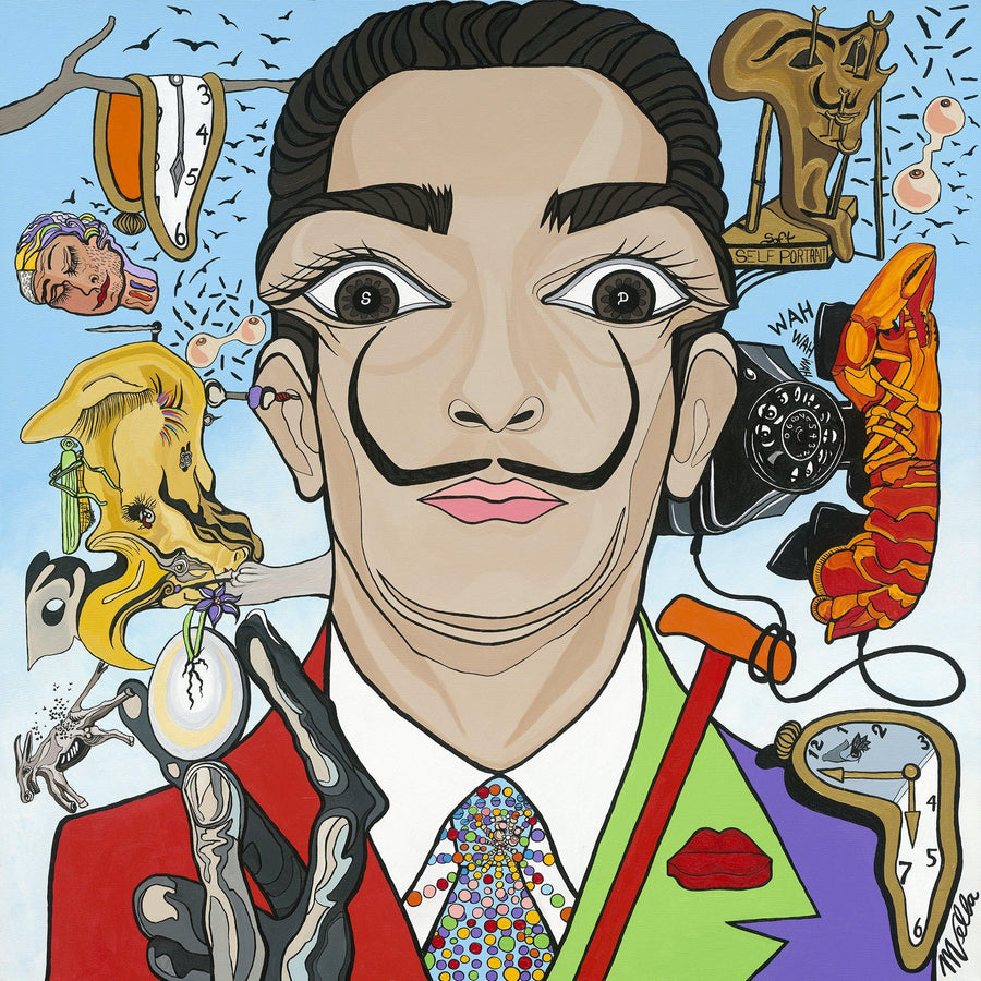 Pop art portrait painting of surrealist artist Salvador Dali with big eyes wide open, wearing a multicoloured suit jacket and surrealist symbols from Dali's artworks painted all around him like his lobster telephone and melting clocks.
