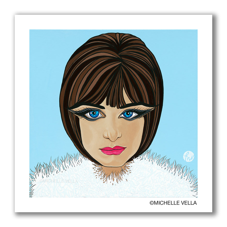 Portrait of Barbra Streisand on a light blue background, with big eyes, wearing a white feathered top, with light blue script writing of song and movie titles. Limited edition print