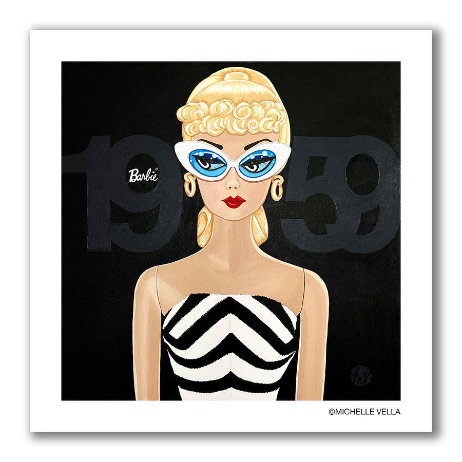 Pop art portrait painting of 1959 Barbie in blonde hair with big eyes wearing white sunglasses and a black and white striped bathing suit, on a black background with 1959 written in big letters.