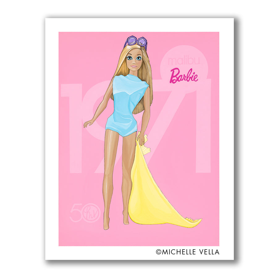 Pop art portrait painting of the classic Malibu Barbie wearing a blue bathing suit on a pink background with 1971 painted in big letters