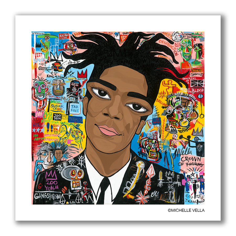 A pop art portrait painting of Jean Michel Basquiat with a colorful background of a biographical collage of symbols taken from his famous paintings, with brown big eyes, brown skin, his dreadlocks sticking up in strands on his head, wearing a black suit, white shirt and black tie