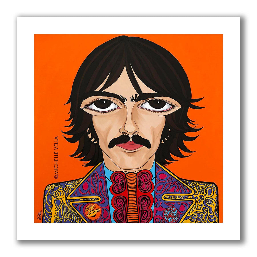 Pop art portrait painting of The Beatles George Harrison with brown big eyes and moustache, with story telling words about George written into his purple and yellow jacket and pink and purple lapels. He’s wearing a paisley frilly shirt in vibrant orange and red all on an orange painted background