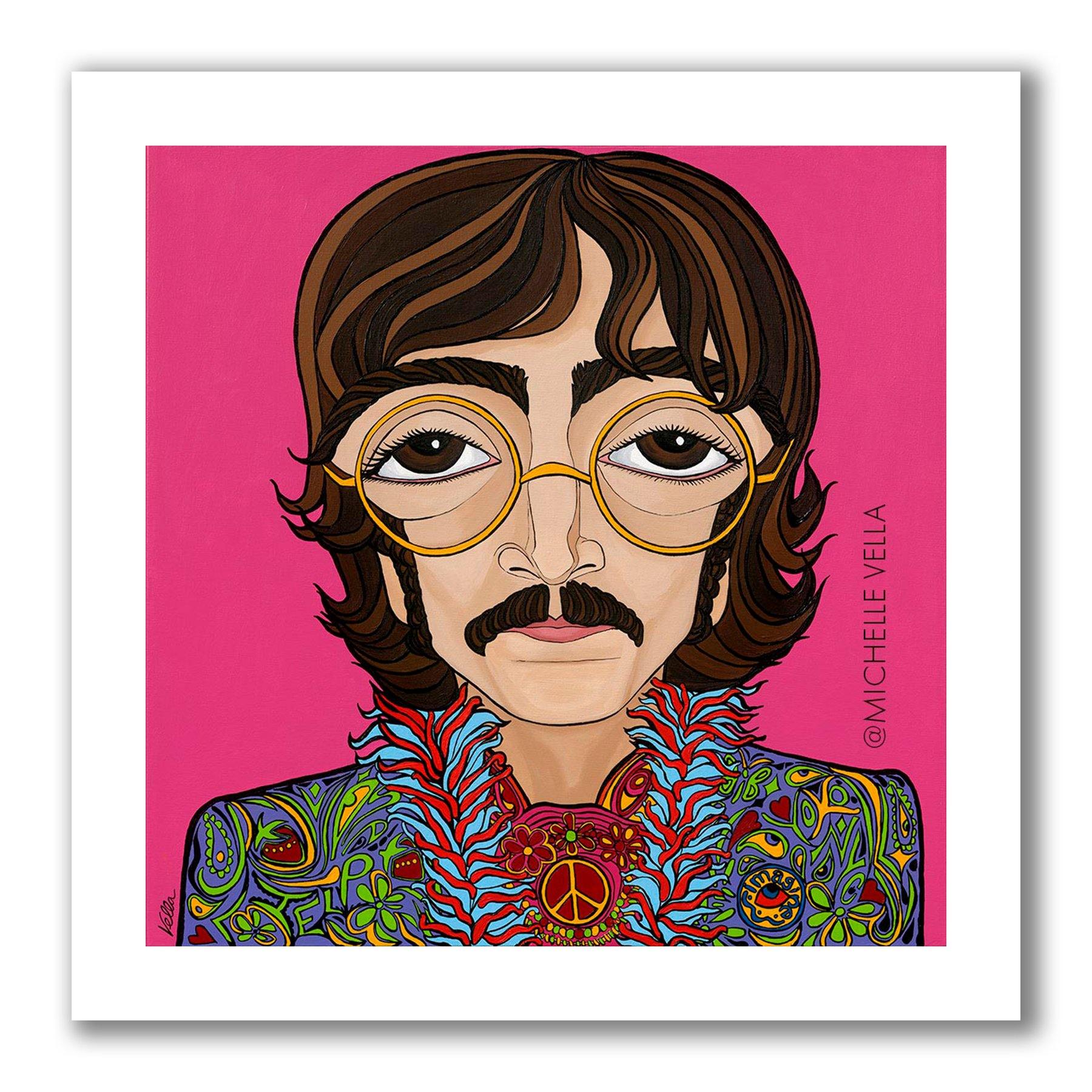 Pop art portrait painting of The Beatles John Lennon with brown big eyes and moustache, wearing small round gold rimmed glasses and a purple paisley jacket with a red and blue faux fur collar and story telling words about him written into his jacket all on a hot pink painted background