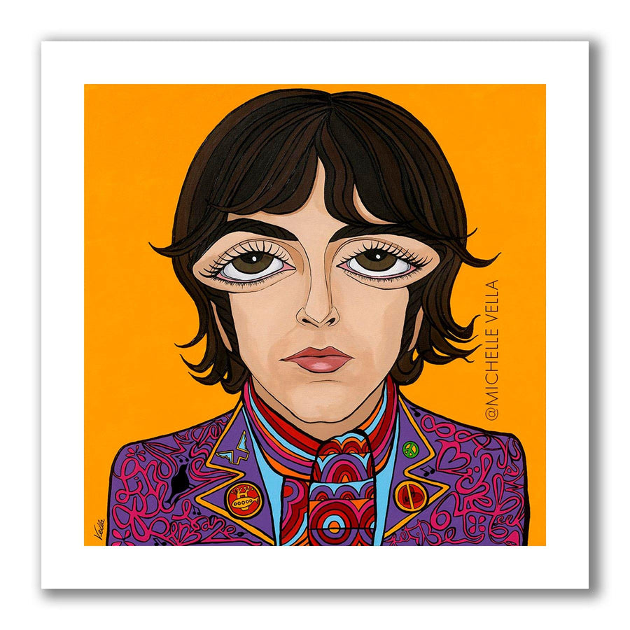 Pop art portrait painting of The Beatles Paul McCartney with brown big eyes and pouty lip, wearing a purple, pink, blue and yellow jacket with a patterned scarf and story telling words about Paul McCartney written into his jacket all on a yellow painted background