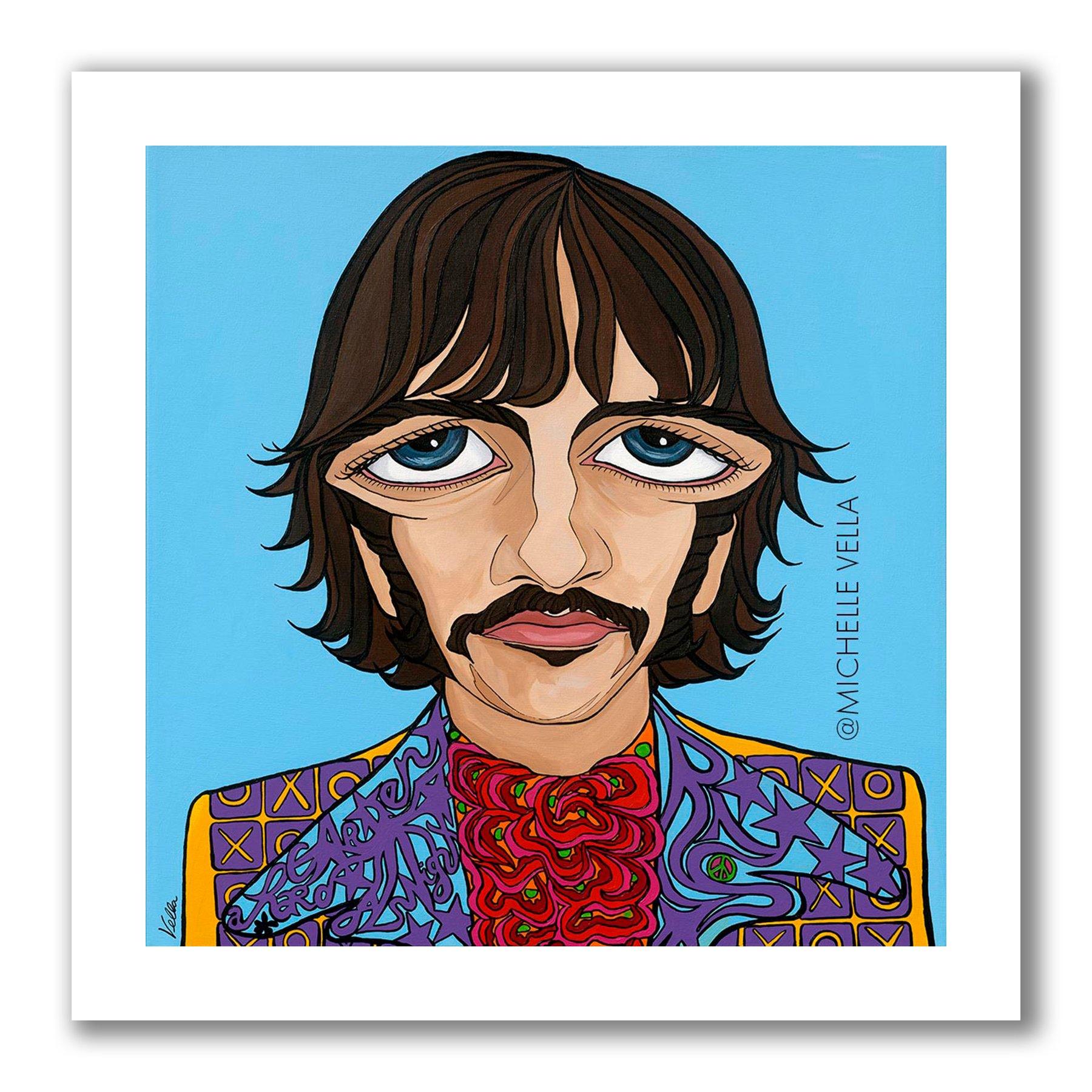 Pop art portrait painting of The Beatles Ringo Starr with blue big eyes and moustache, wearing a purple, blue and yellow jacket with an XOXO pattern and a billowy frilly shirt in vibrant orange and reds with story telling words about him written into his jacket lapels, all on a blue painted background